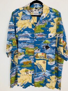 David Carey Originals Alaska Print Hawaiian Camp Shirt Mens 2XL Blue Button Up